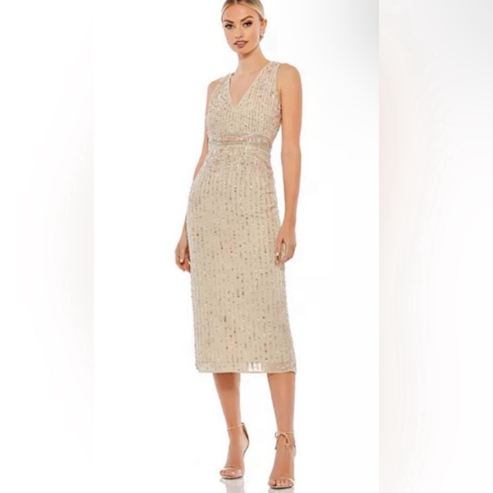 93606 Sequined Sleeveless V-Neck Midi Sheath Dress Mac Duggal NWT 8 gold $298